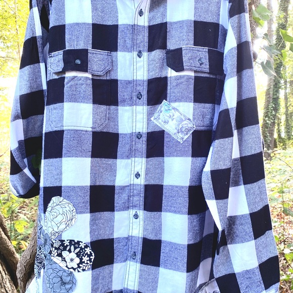Flannel Buffalo Check Plaid Shacket Grunge Boho Frayed Floral Hippie Patch 2XL - Picture 1 of 11